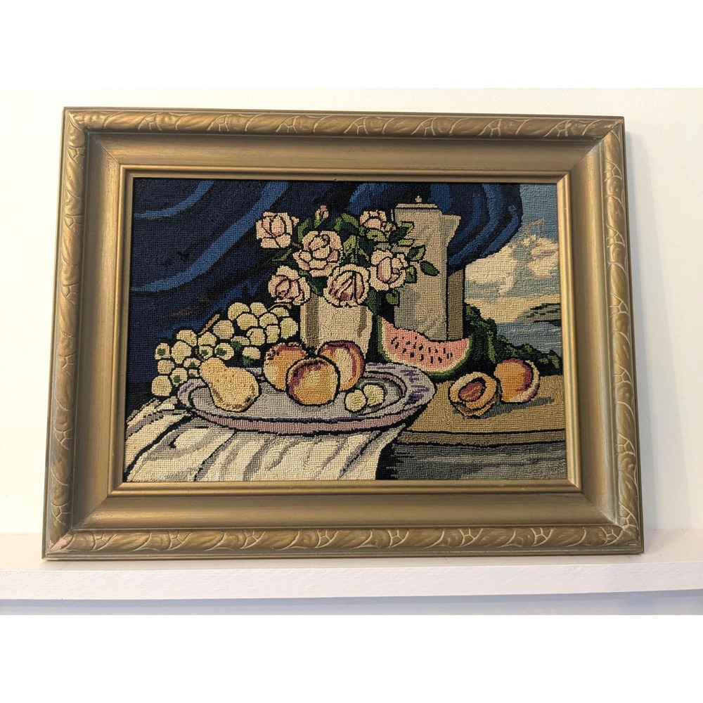 Vintage‎ Needlepoint Still Life Framed Wall Art, Fruit & Floral Tapestry